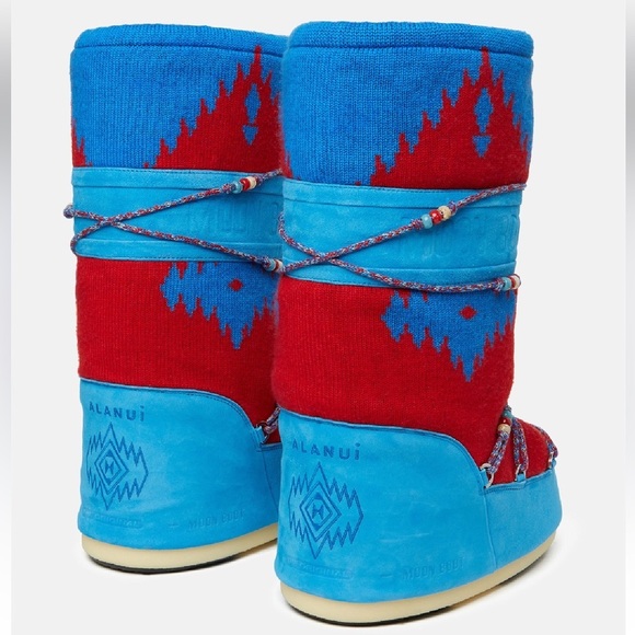 NEW ALANUI X MOON BOOT Icon Knit Jacquard Red Azure Wool Boots Size 8-9.5 - Picture 5 of 16